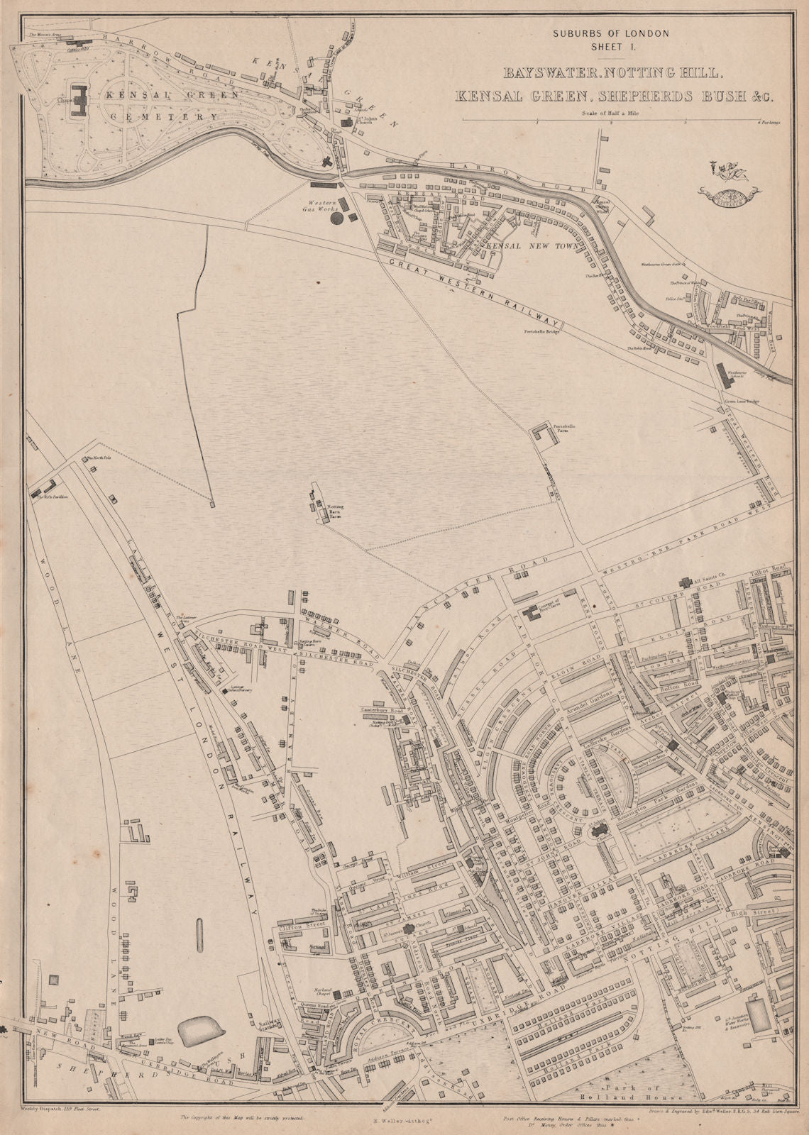 W LONDON. Notting Hill Kensal Green Shepherds Bush Holland Park.WELLER 1862 map
